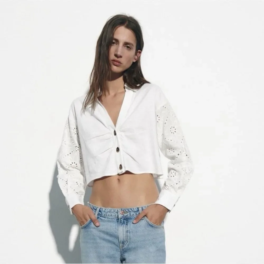 ZARA White Linen Blend Eyelet Long Sleeve Crop Top Size M